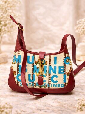 Authentic Gucci Jackie 1961 Floral Canvas Small Shoulder Bag Red Leather Trim